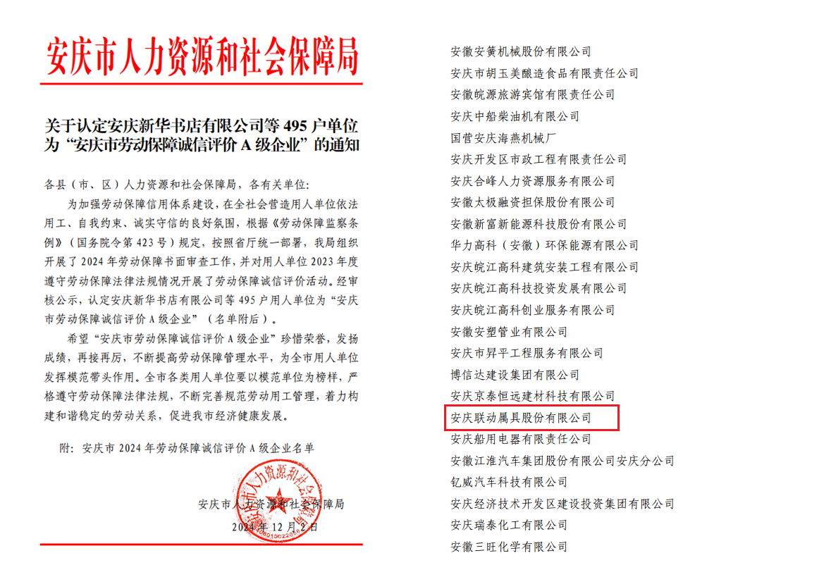 安慶市勞動保障誠信評價(jià)A級企業(yè).png